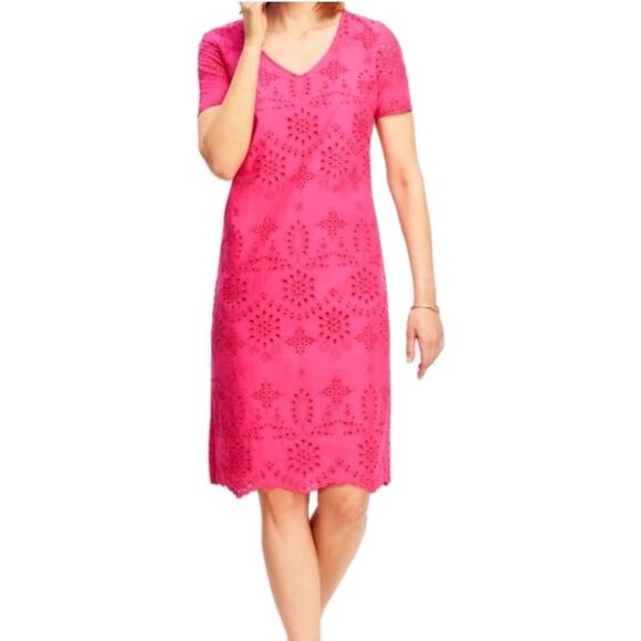 Talbots Womens 12 Dress Eyelet Short Sleeve Floral Barbie Pink Spring Summer - Picture 1 of 9